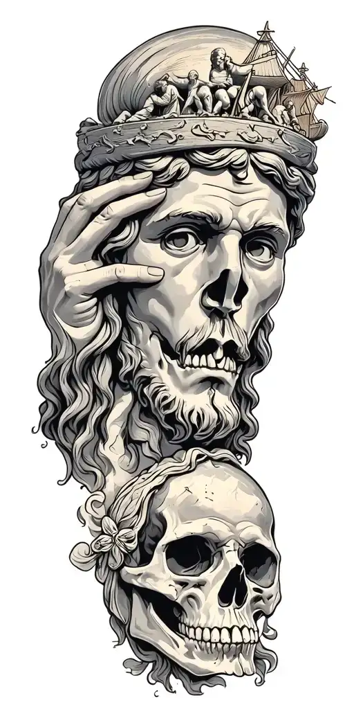 Jesus Christ Touching A Skull Noahs Ark In Stormy