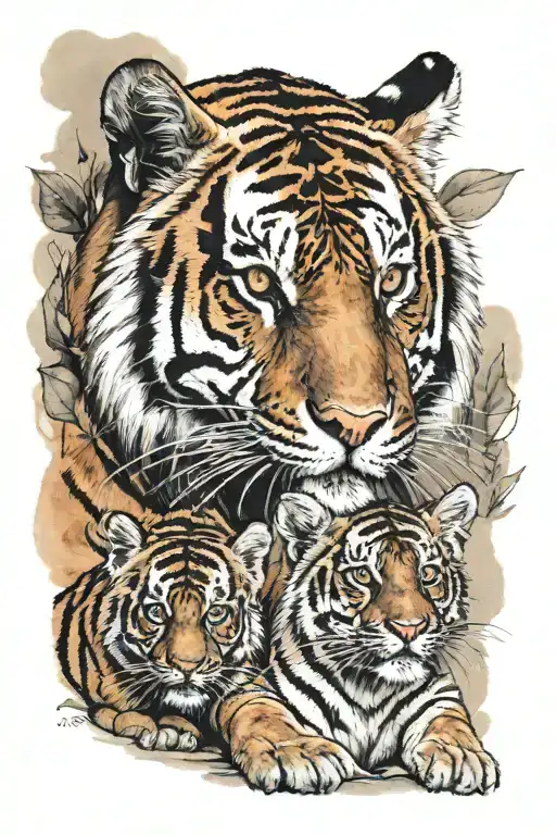 Very Realistic Male Tiger Next To Female Tiger With 3 Small Tiger Cubs Below