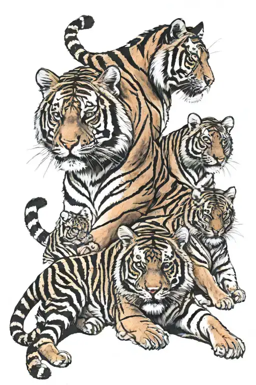 Very Realistic Male Tiger Slightly Above Female Tiger With 3 Small Tiger Cubs Below