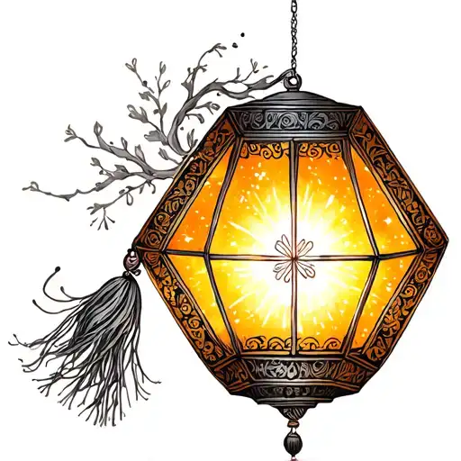 Korean Style Tattoo Of Lantern Hexagon With Glowing Light Inside With Delicate Tassel And Sparkles
