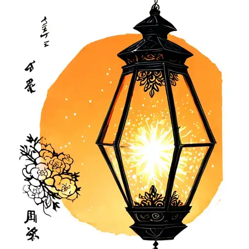 Korean Style Tattoo Of Lantern Hexagon With Glowing Light Inside With Sparkles