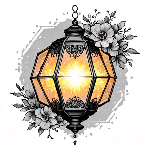 Korean Style Tattoo Of Lantern Hexagon With Glowing Light Inside With Sparkles
