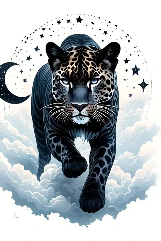 Sexy Black Jaguar Walking Out Of Clouds And Outer Space With Stars And Crescent Moon