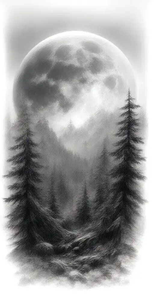 Massive Forest Landscape With Huge Moon In The Background