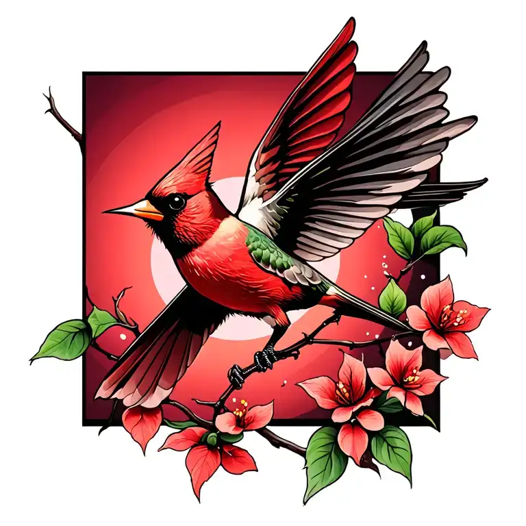 Cardinal With Hummingbird Flying