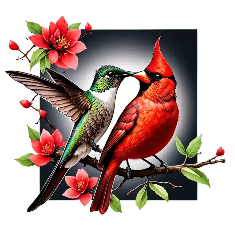 Hummingbird And Cardinal Perched