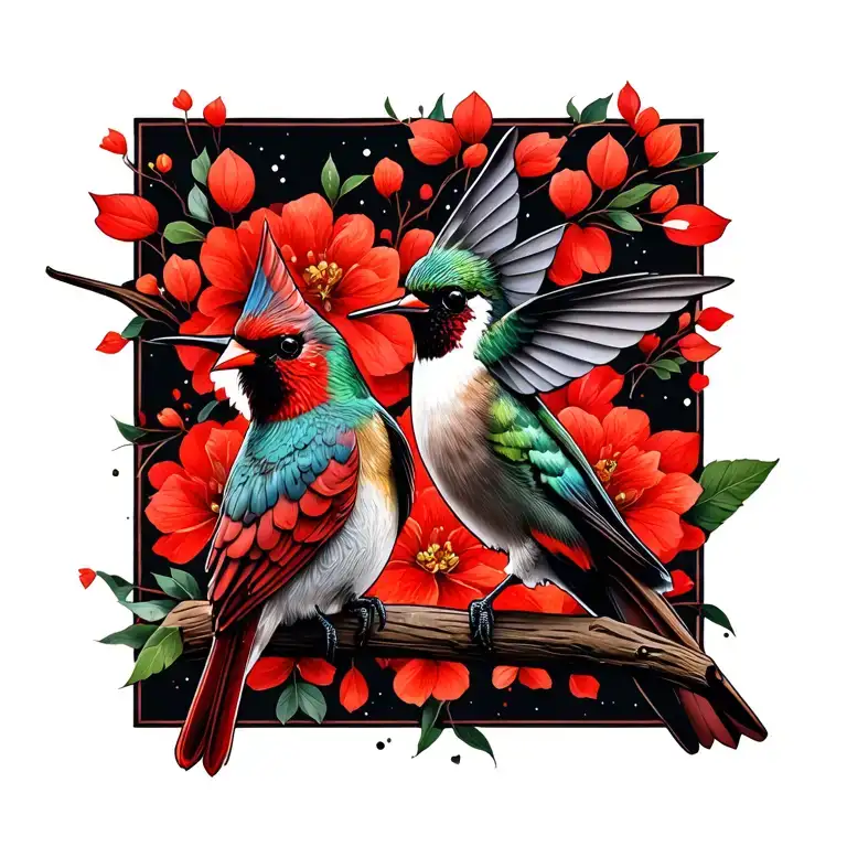 Hummingbird And Cardinal Perched Regally