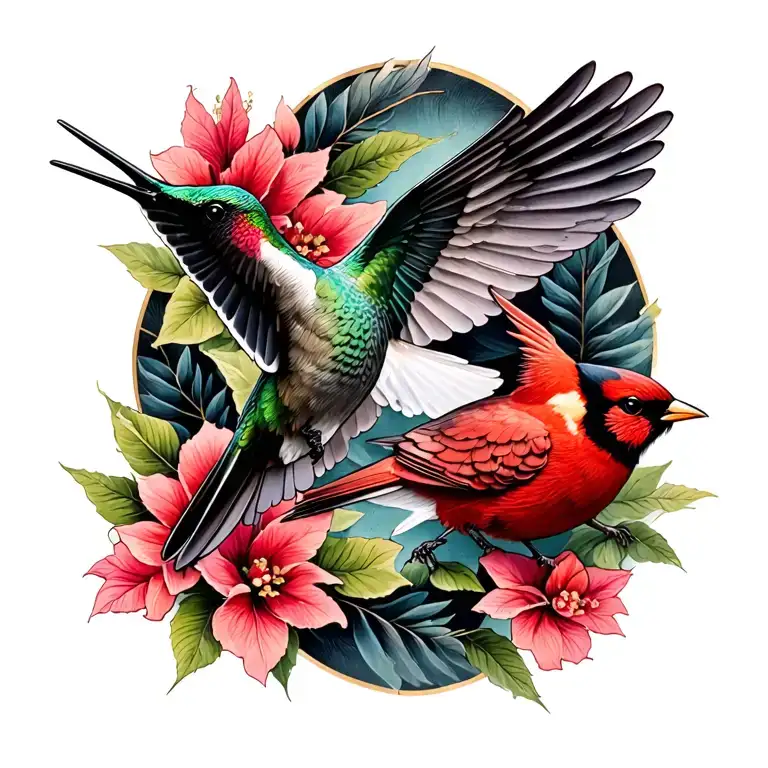 Hummingbird And Cardinal Flying Towards