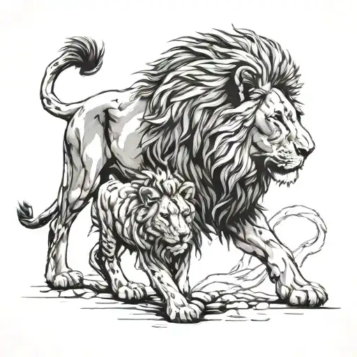 Lion Standing Over Cub