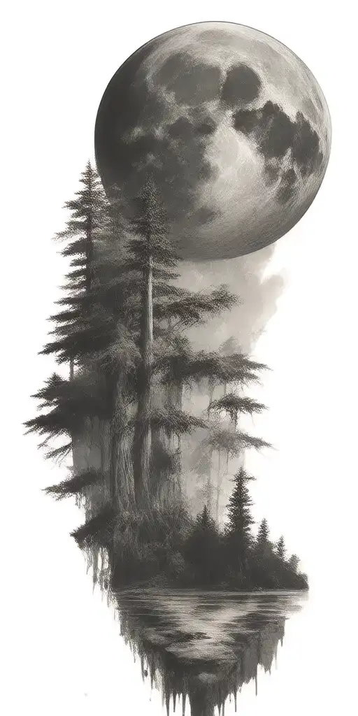 Massive Forest Landscape With Huge Moon In The Background