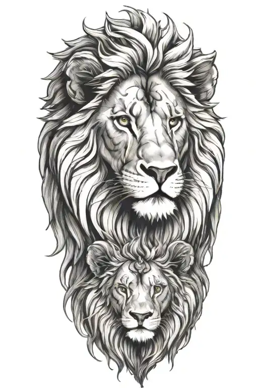 Lion With A Cub On Top Of His Head