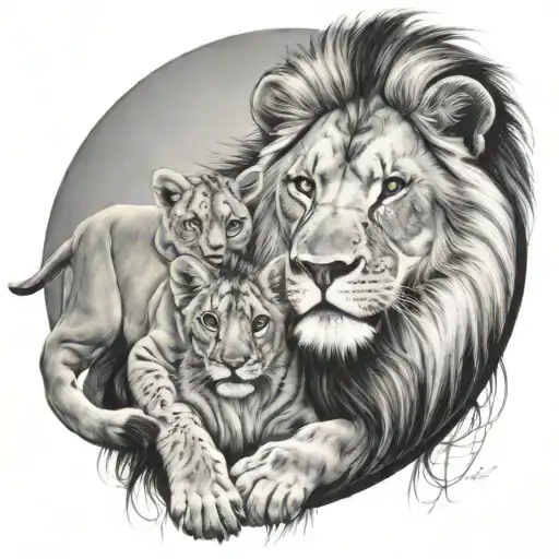Lion And Cub Staring With Lioness