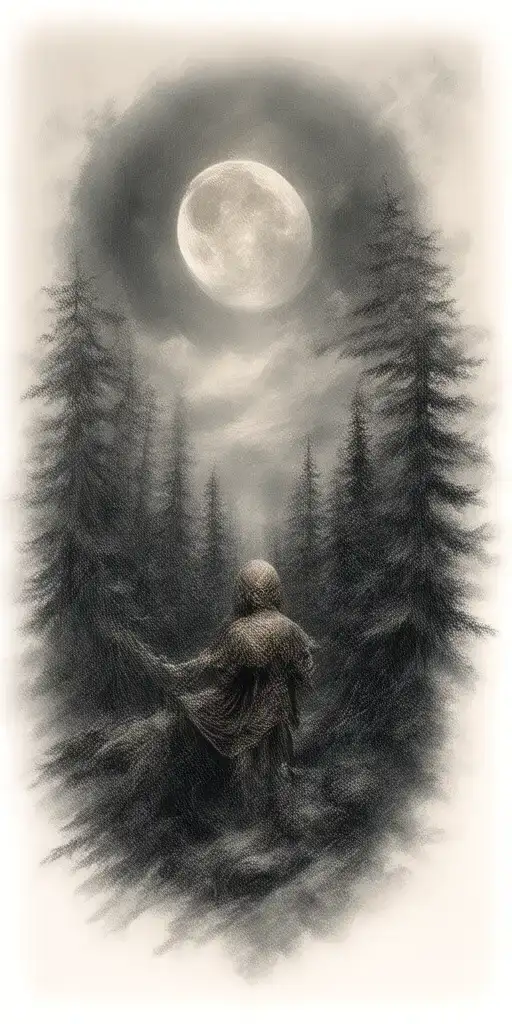 Massive Forest Landscape With Huge Moon In The Background And Viking Elements