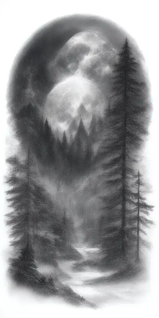 Massive Forest Landscape With Huge Moon In The Background