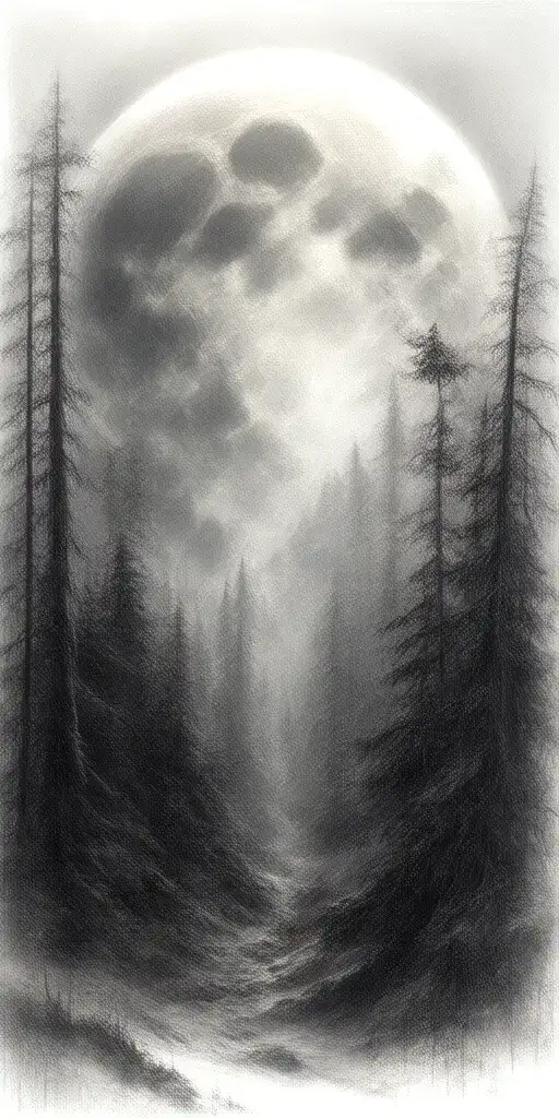 Massive Forest Landscape With Huge Moon In The Background