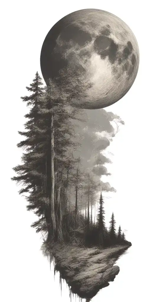 Massive Forest Landscape With Huge Moon In The Background