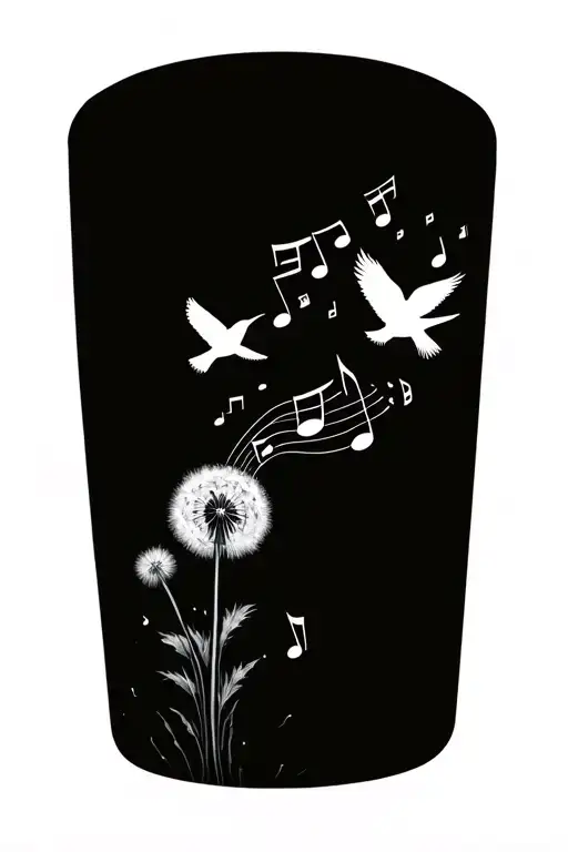 Dandelion Blowing With Music Notes And Birds Flying Away