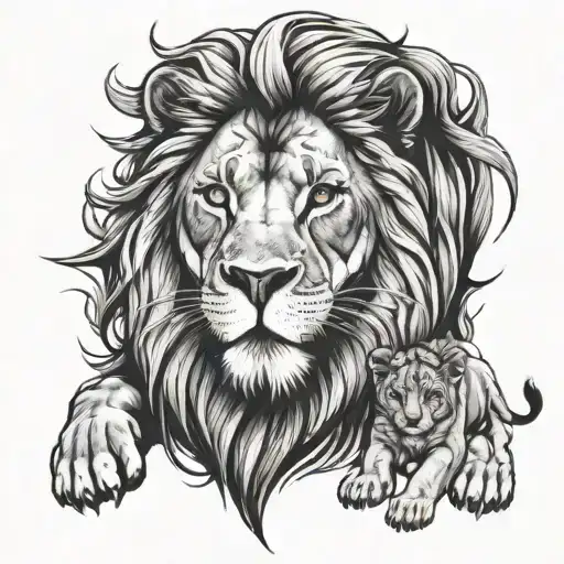 Lion And Cub With Mom