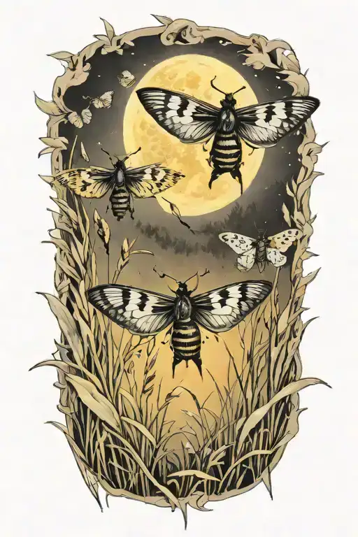 3 Colorful Moths In Front Of Swamp Grass And Full Moon Shining No Background