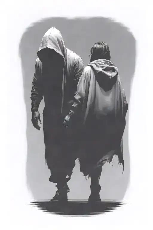 A Huge Hooded Demon Beast And A Woman Walking Away Together