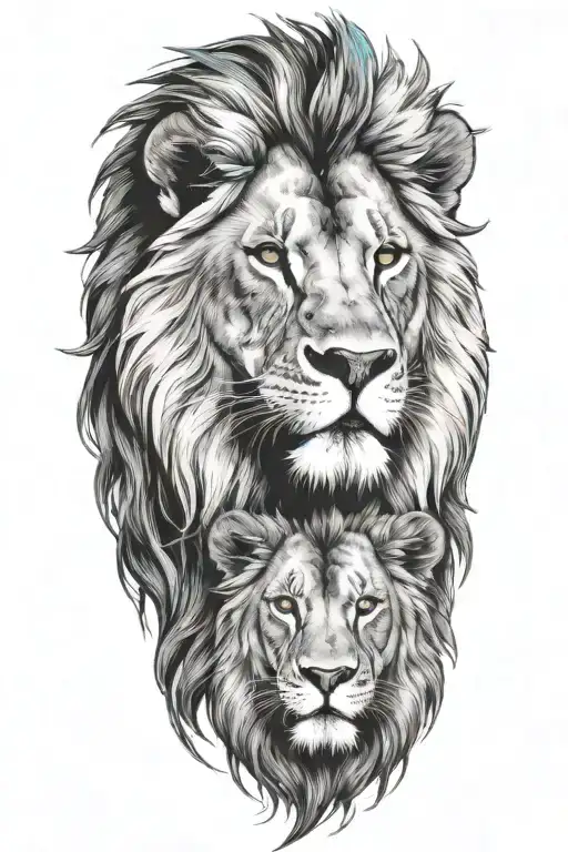 Lion With A Cub On Top Of His Head