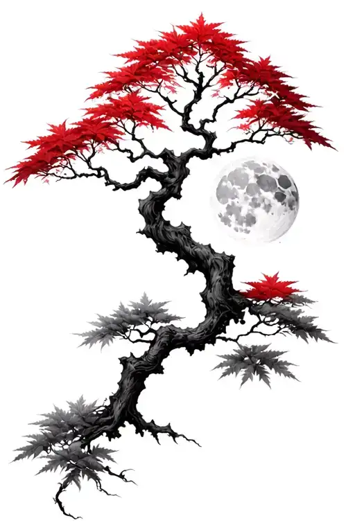 Japanese Maple Tree With Leaves And A Moon