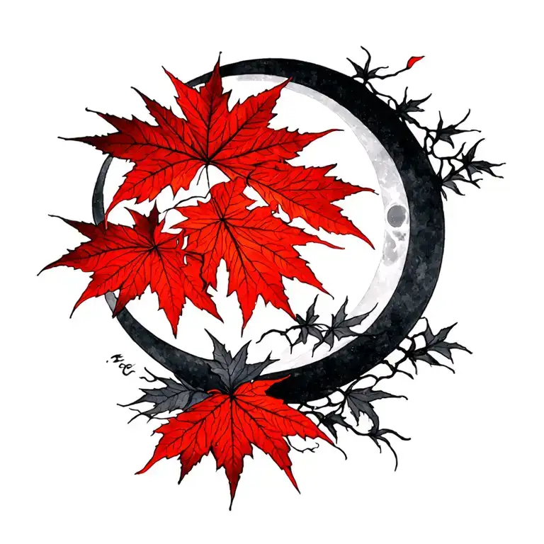 Japanese Maple With Leaves And A Moon