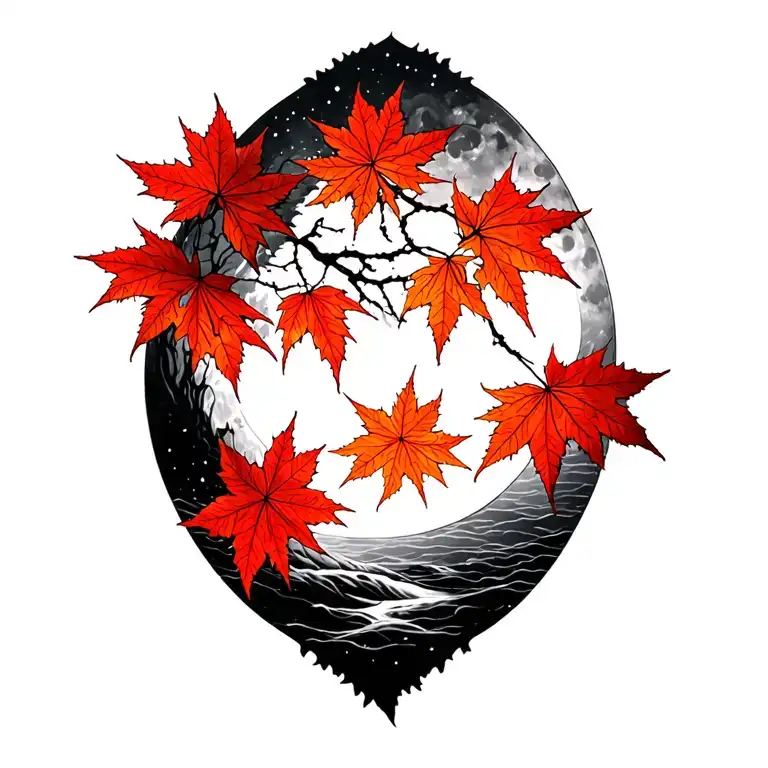 Japanese Maple With Leaves And A Moon
