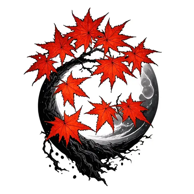 Japanese Maple With Leaves And A Moon