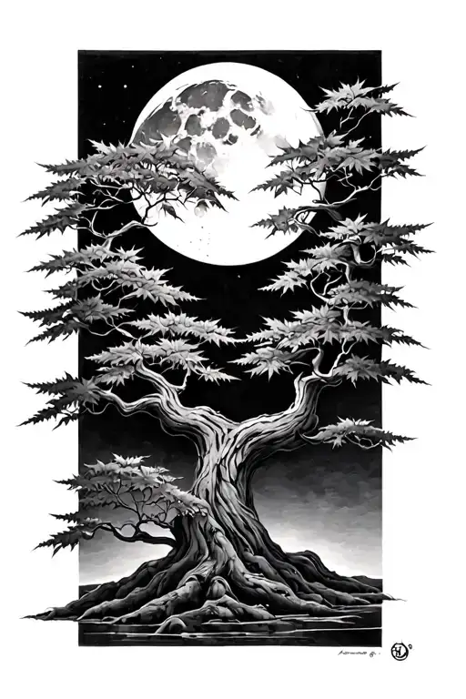 Japanese Maple Tree With Leaves And A Moon