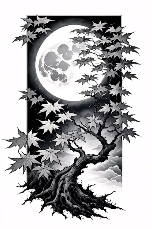 Japanese Maple Tree With Leaves And A Moon