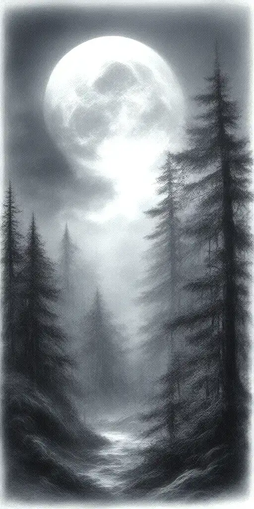 Massive Forest Landscape With Huge Moon In The Background