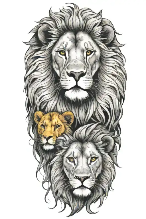 Lion With A Cub And Lioness Face Surrounded