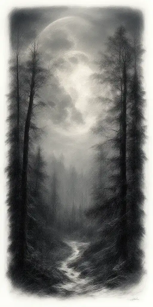 Massive Forest Landscape With Huge Moon In The Background