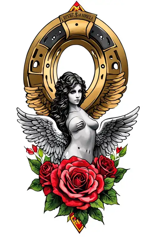 Angels Wings Behind Roses And Horseshoe