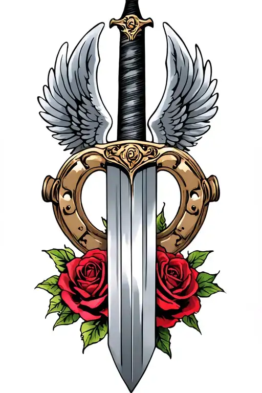 Angels Wings Behind A Sword With Roses And Horseshoe