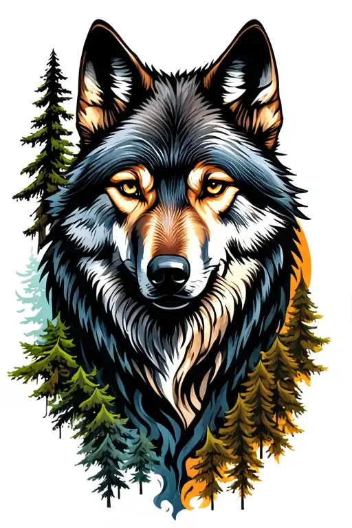 Wolf Face Blended Into Redwood Trees Growing