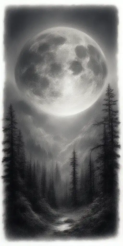 Massive Forest Landscape With Huge Moon In The Background