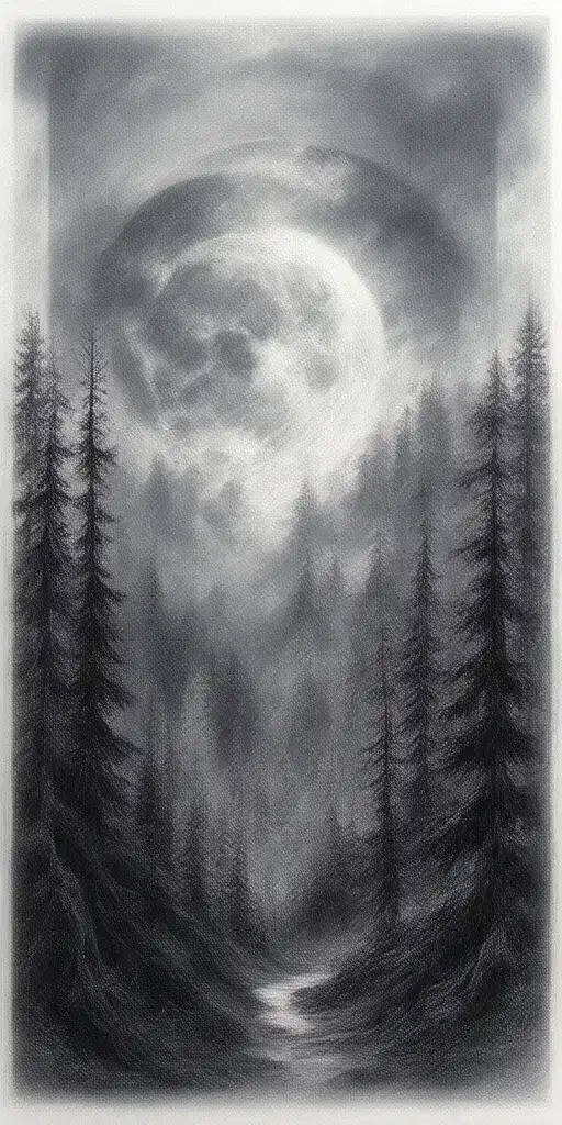 Massive Forest Landscape With Huge Moon In The Background