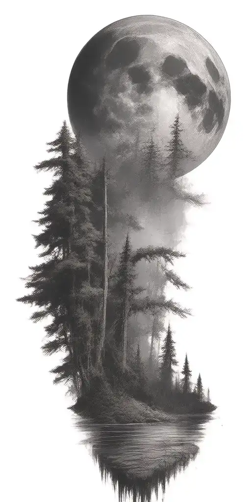 Massive Forest Landscape With Huge Moon In The Background
