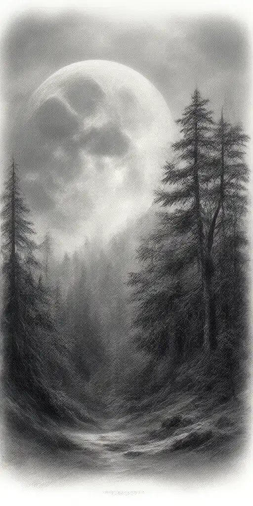 Massive Forest Landscape With Huge Moon In The Background