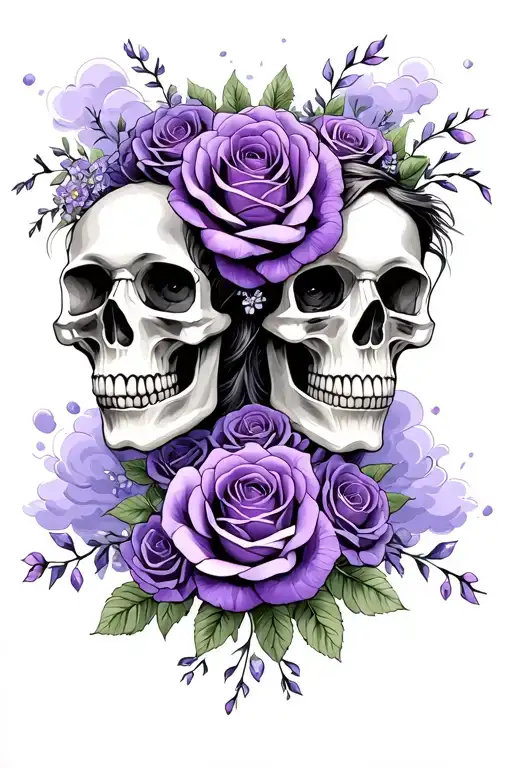 Bride And Groom Skulls With Purple Roses And Purple Clouds Around