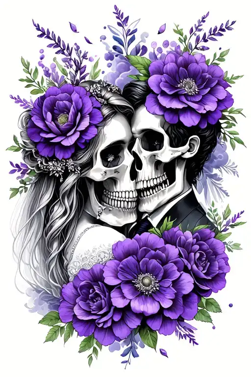 Bride And Groom Skulls With Purple Flower Bouquet And Purple Clouds Around