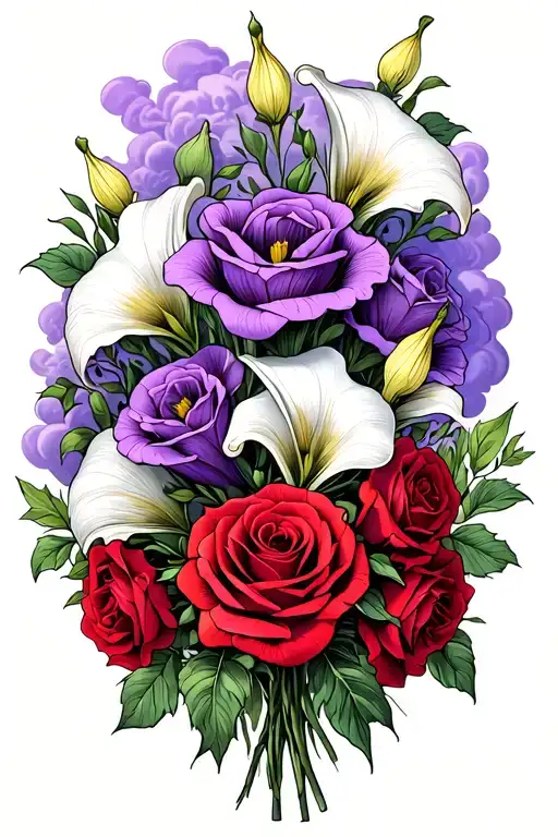 Purple Flower Bouquet And Purple Clouds Around Red Roses And White Calla Lillies