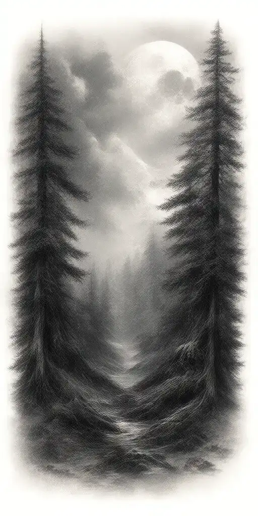 Massive Forest Landscape With Huge Moon In The Background