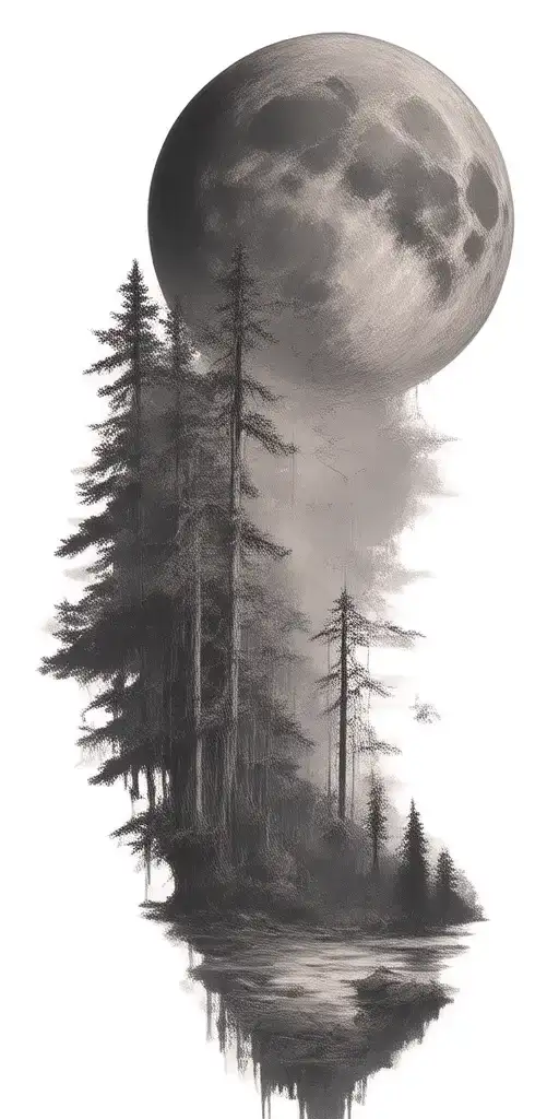 Massive Forest Landscape With Huge Moon In The Background