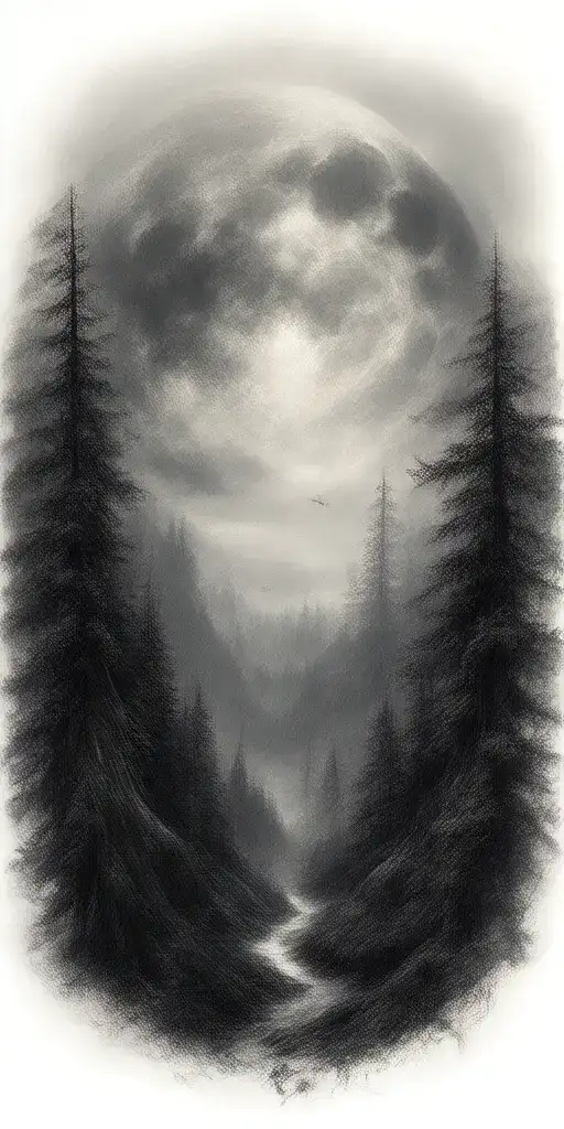 Massive Forest Landscape With Huge Moon In The Background