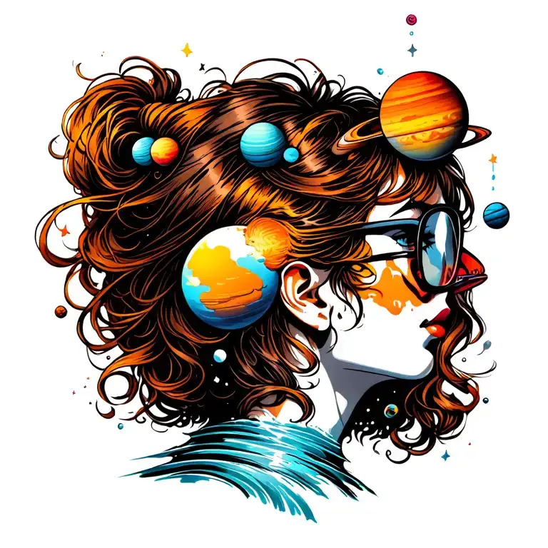 Girl In Profile In Glasses With A Pourig Out Of The Glases With Planets In A Stream