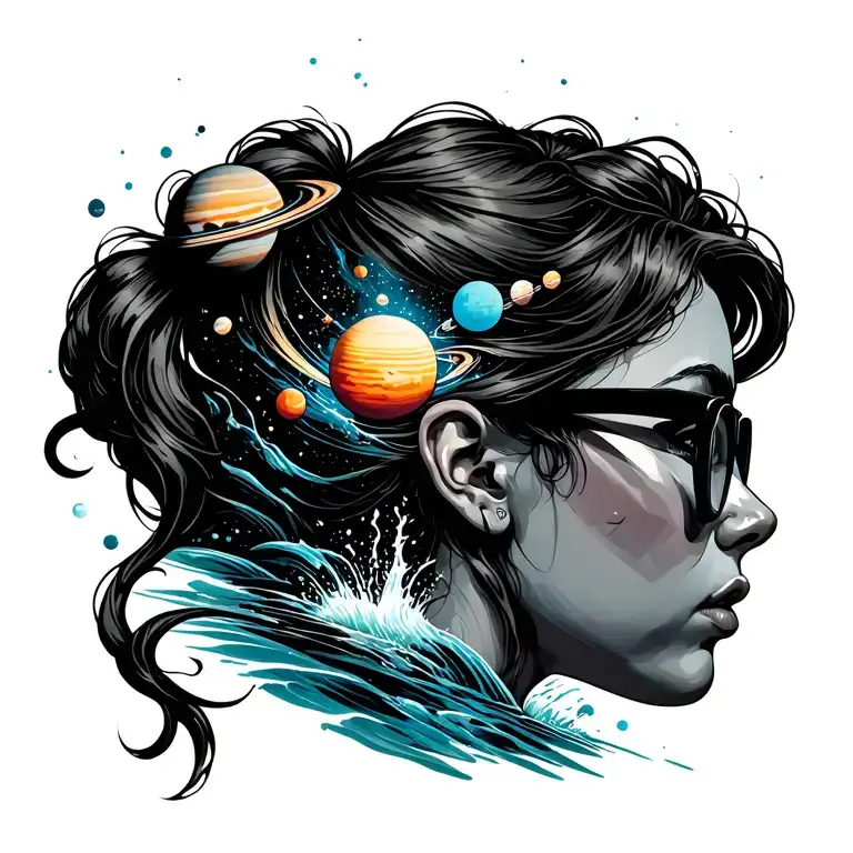 Girl In Profile In Glasses With A Pourig Out Of The Glases With Planets In A Stream