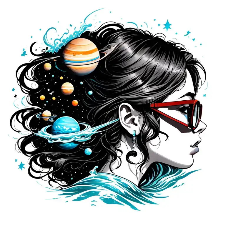 Girl In Front Profile In Glasses With A Pourig Out Of The Glases With Planets In A Stream